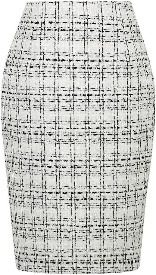 Womens Wool Plaid Pencil Skirt High Waisted Bodycon Midi Skirt