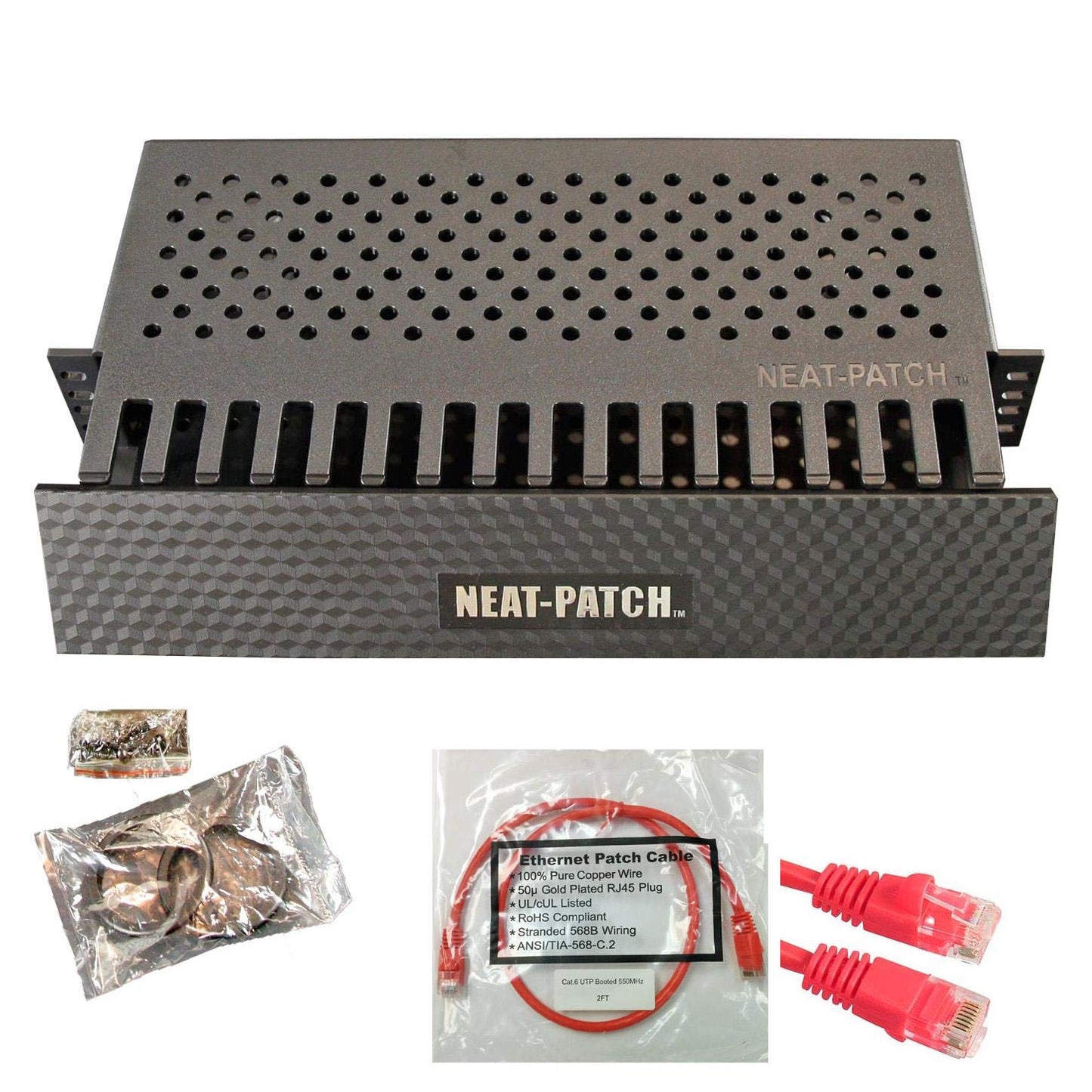 Neat Patch 2U Cable Management Kit with 24 Red CAT6 Cables