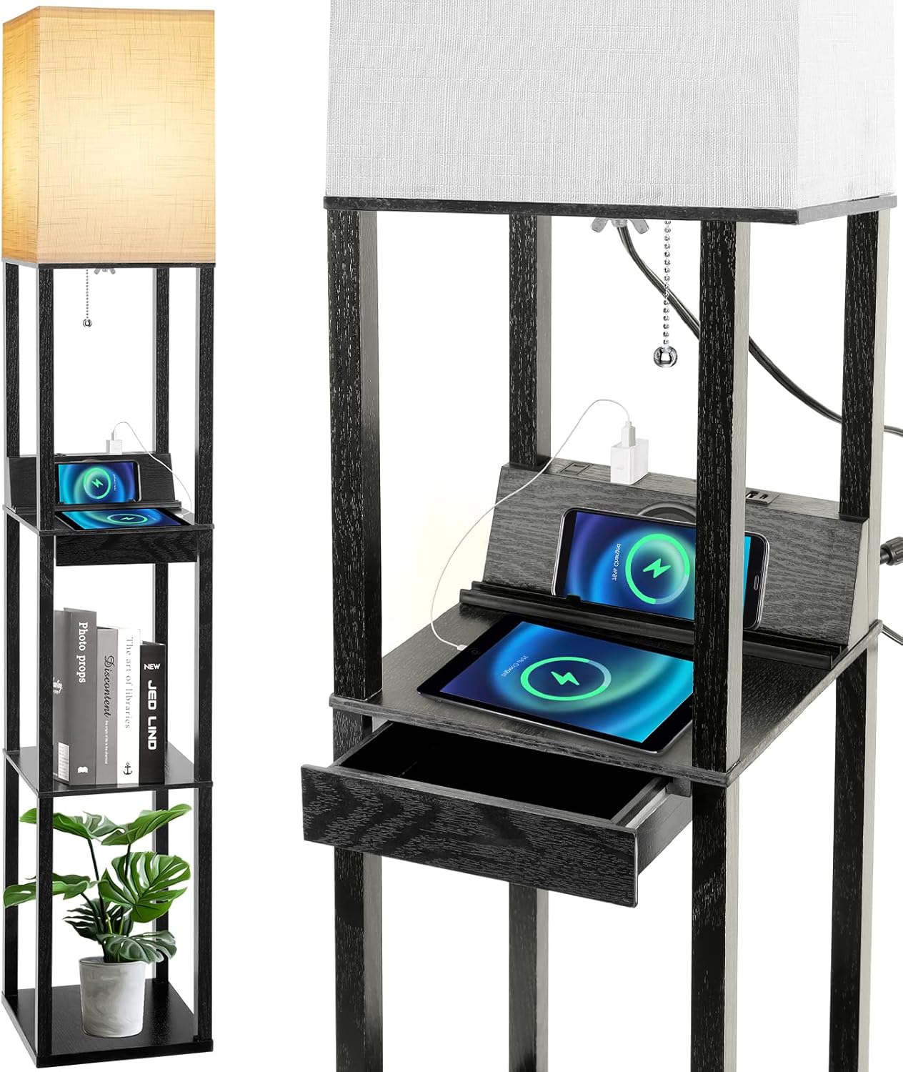 Floor Lamp with Shelves and Wireless Charger for Modern Living