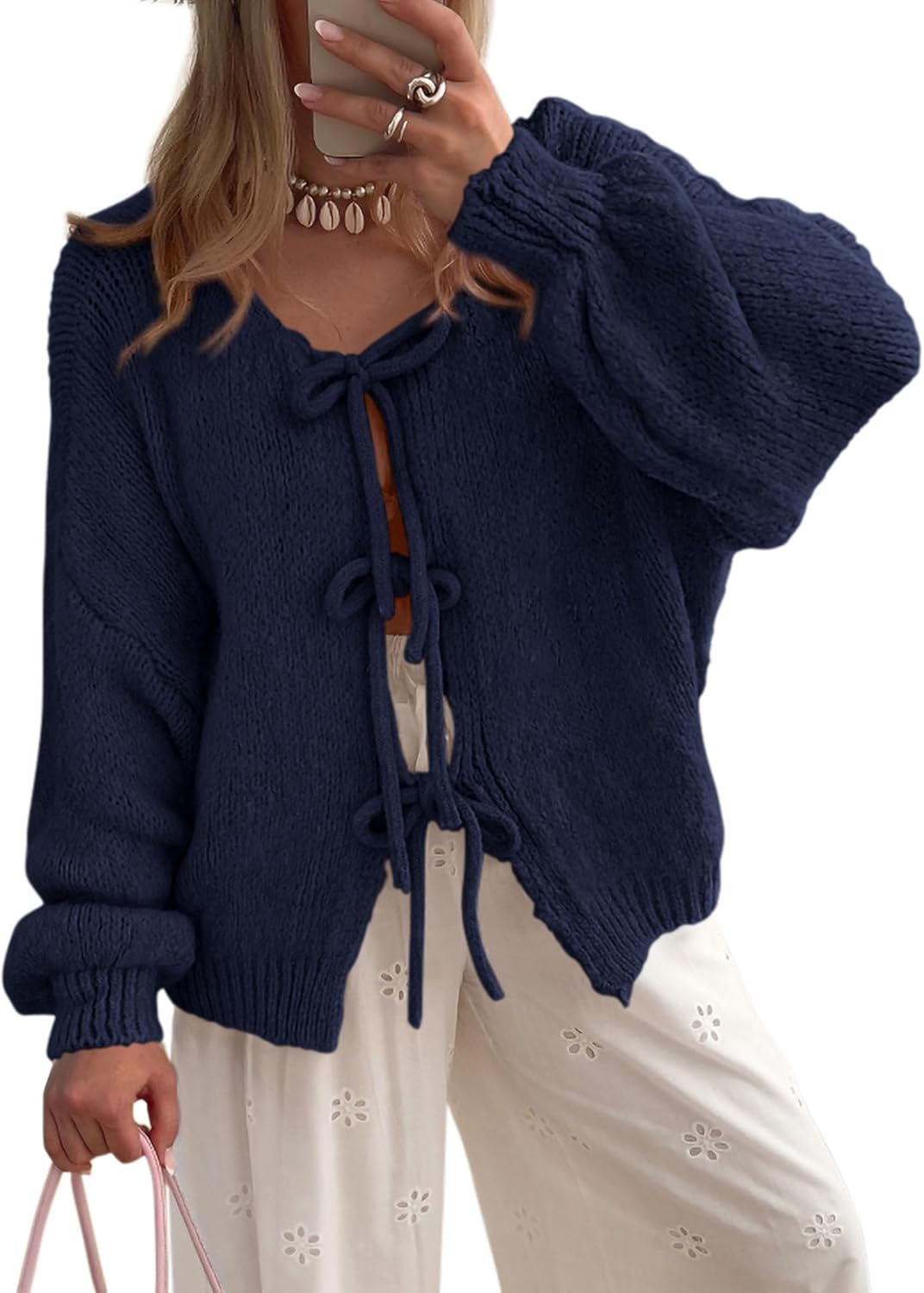 PRETTYGARDEN Women's Tie Front Bow Cardigan Sweaters for Fall