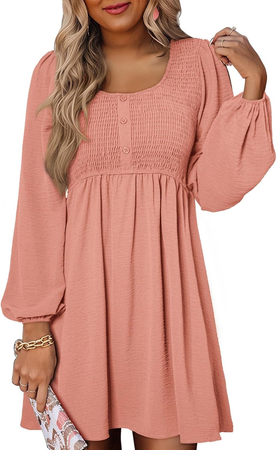 Dokotoo Womens Casual Dresses Smocked Crewneck Long Sleeve Mini