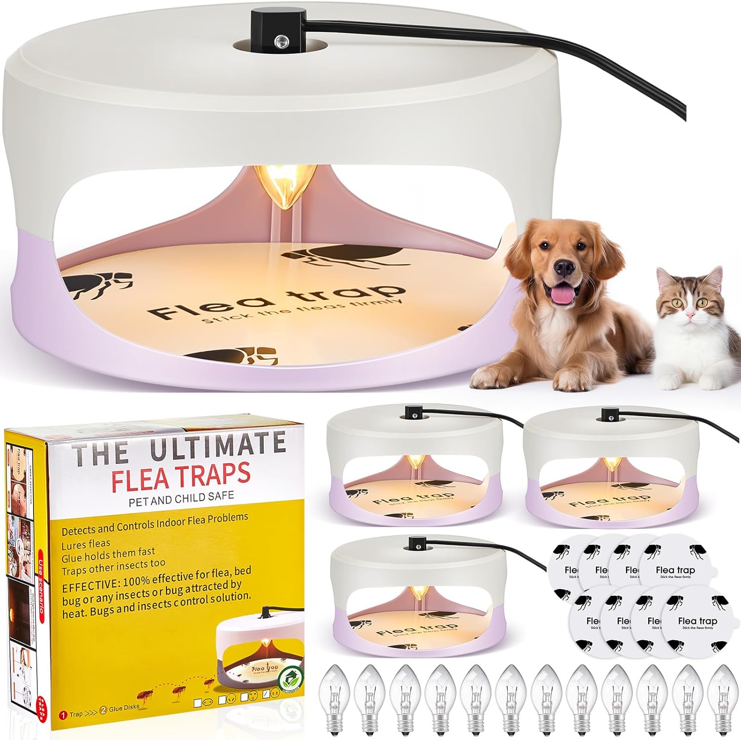 4 Packs Flea Traps for Indoor Use with Bulbs and Sticky Discs