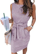Sleeveless Striped T Shirt Dress - Casual Tie Waist Summer Dress