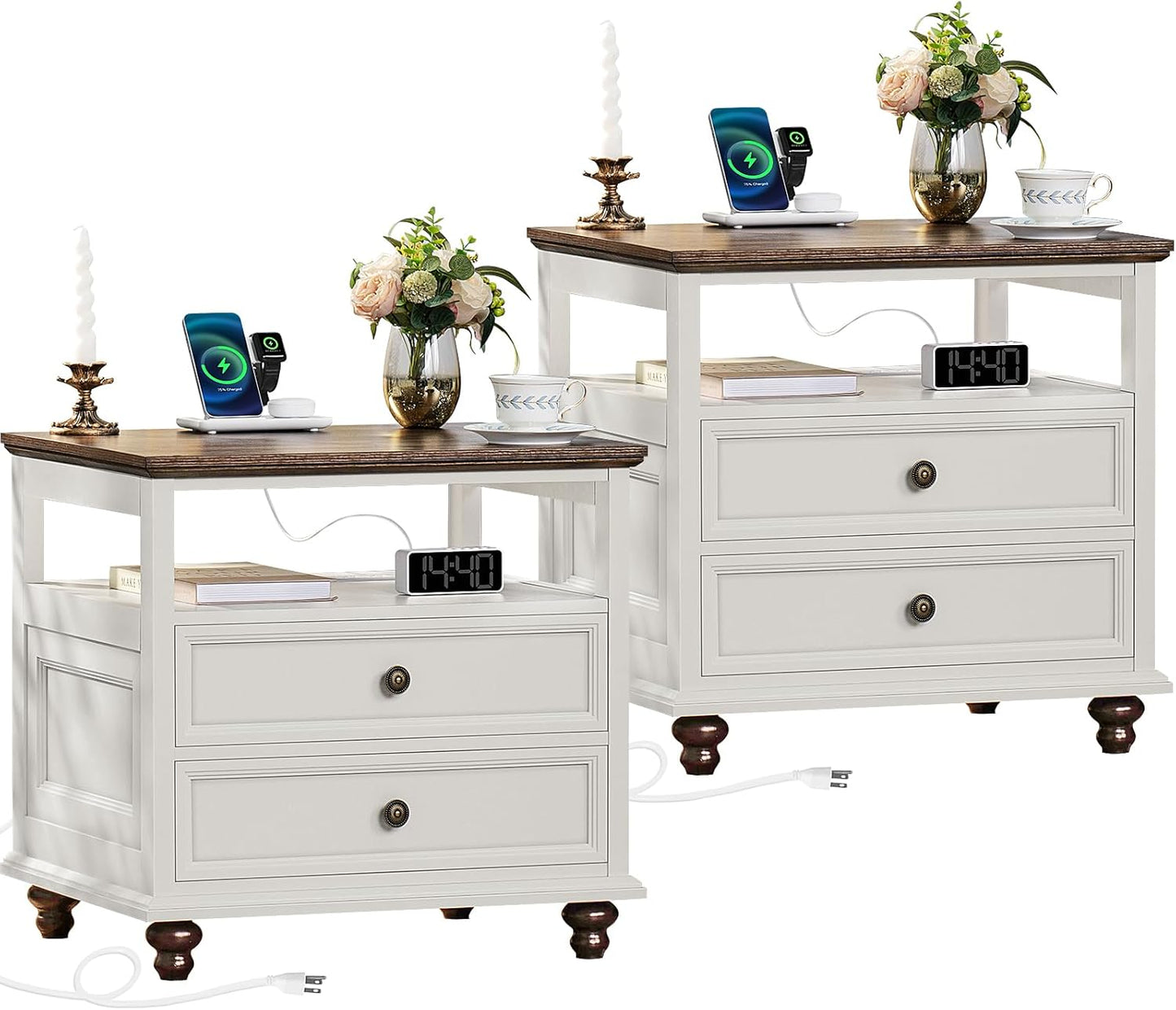 Farmhouse Nightstand Set of 2 with Charging Station for Bedroom