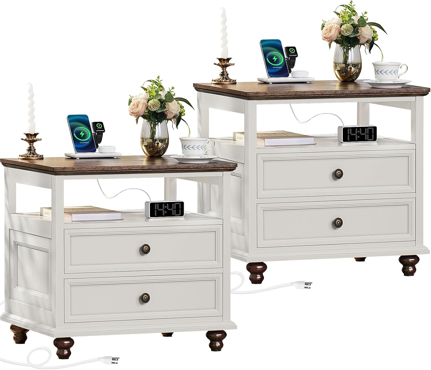 Farmhouse Nightstand Set of 2 with Charging Station for Bedroom