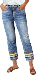 Straight Leg Cropped Jeans - Trendy Mid Rise Tribal Embroidery
