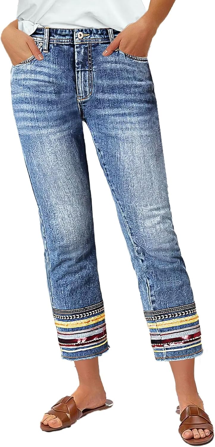 Trendy Mid Rise Stretchy Tribal Embroidery Cropped Jeans