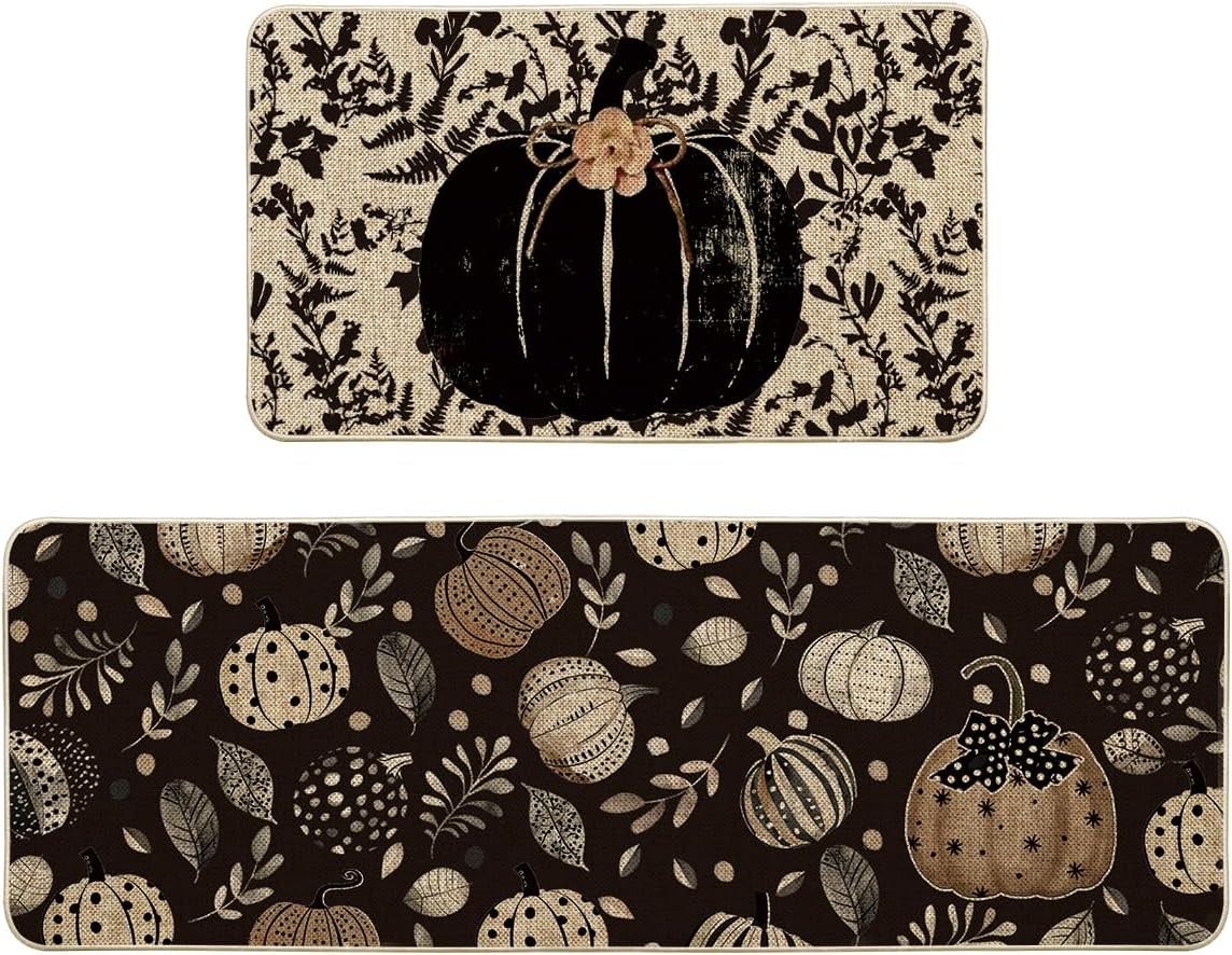 Stylish Black Pumpkin Maple Leaves Kitchen Mats Set for Fall