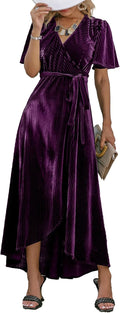 BerryGo Velvet V Neck Wrap Semi Formal Maxi Dress - Flattering Fit
