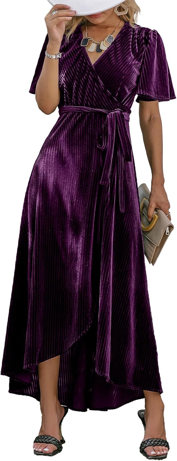 BerryGo Women's Velvet V Neck Wrap Dress for Cocktail Parties