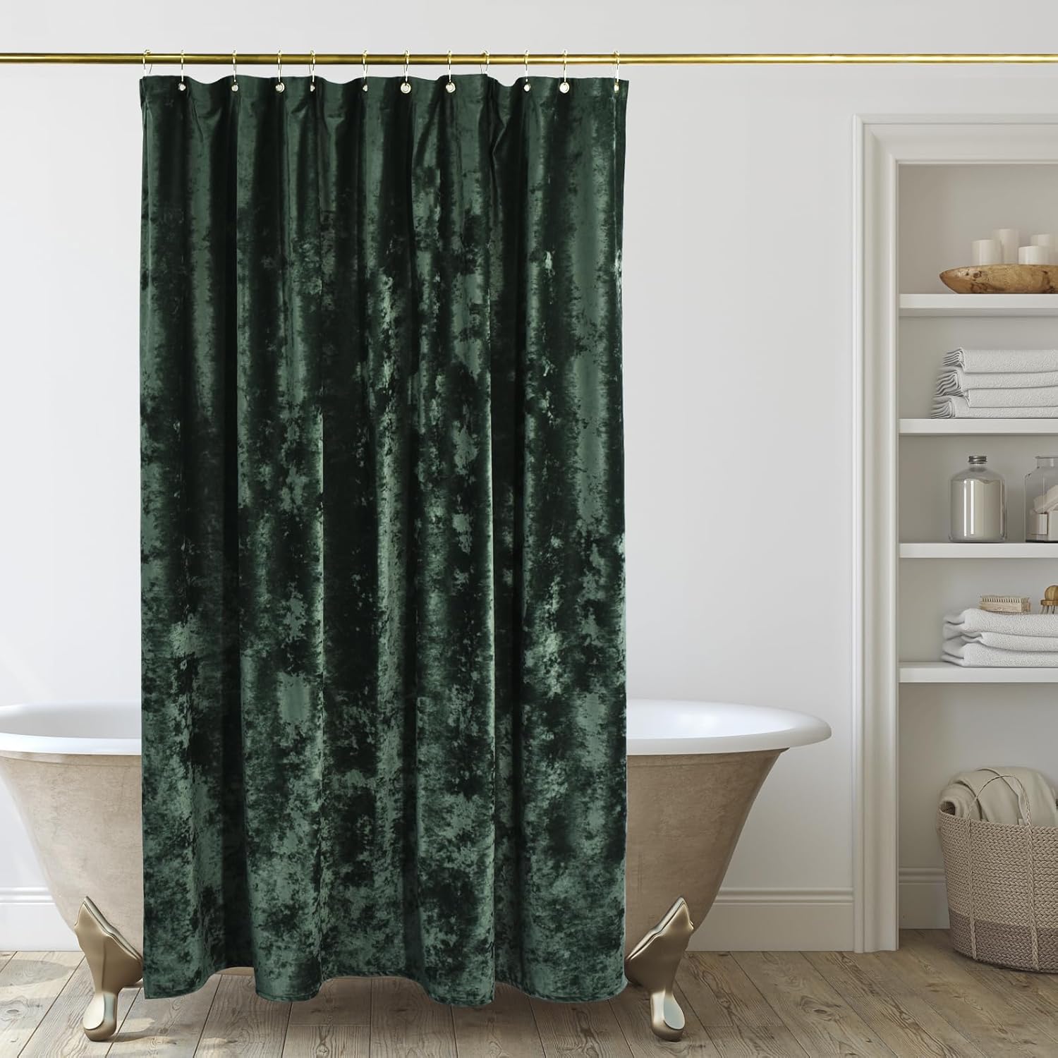 Luxurious Dark Green Crushed Velvet Shower Curtain Set with Hooks