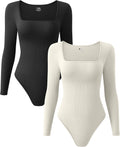 OQQ Women's Ribbed Square Neck Long Sleeve Bodysuits - 2 Pack Spandex
