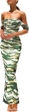 Maxi Dresses for Women Off Shoulder Floral Ruched Mesh Dress