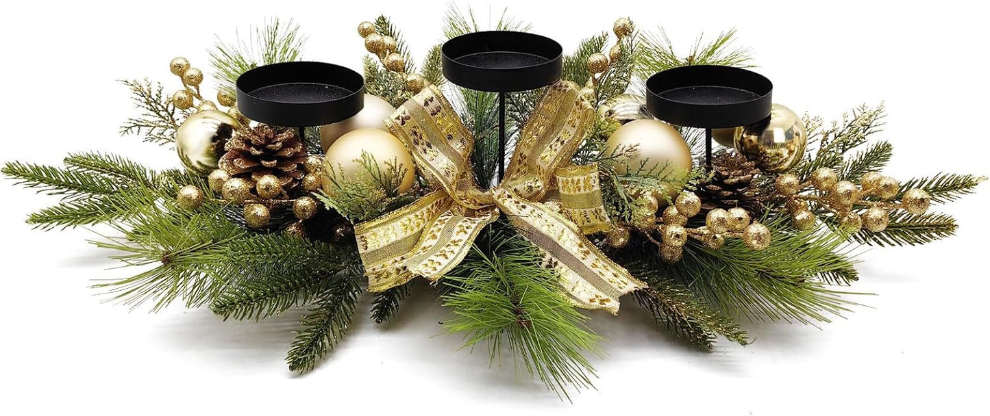 Gold Glittery Christmas Candle Centerpiece with Berries and Pinecones
