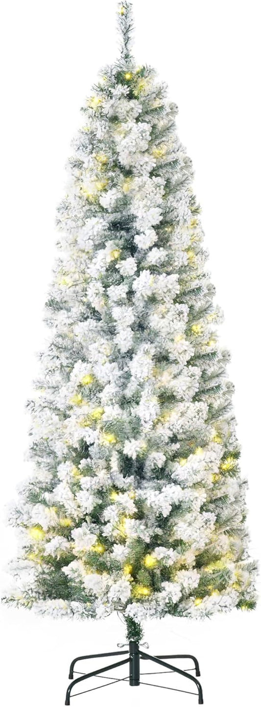HOMCOM 6ft Prelit Snow-Flocked Christmas Tree with LED Lights