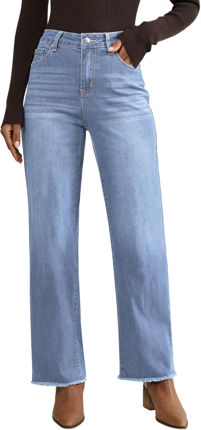 Vetinee Straight Leg Jeans for Women with Frayed Hem Style