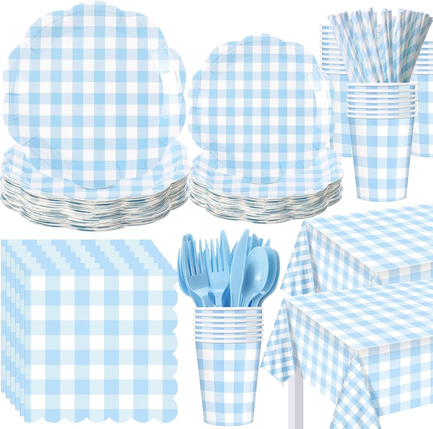 452 Pcs Blue Gingham Party Supplies for 50 Guests Perfect for Events