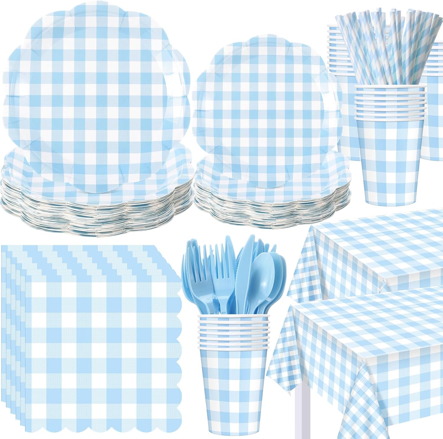 452 Pcs Blue Gingham Party Supplies for 50 Guests Perfect for Events