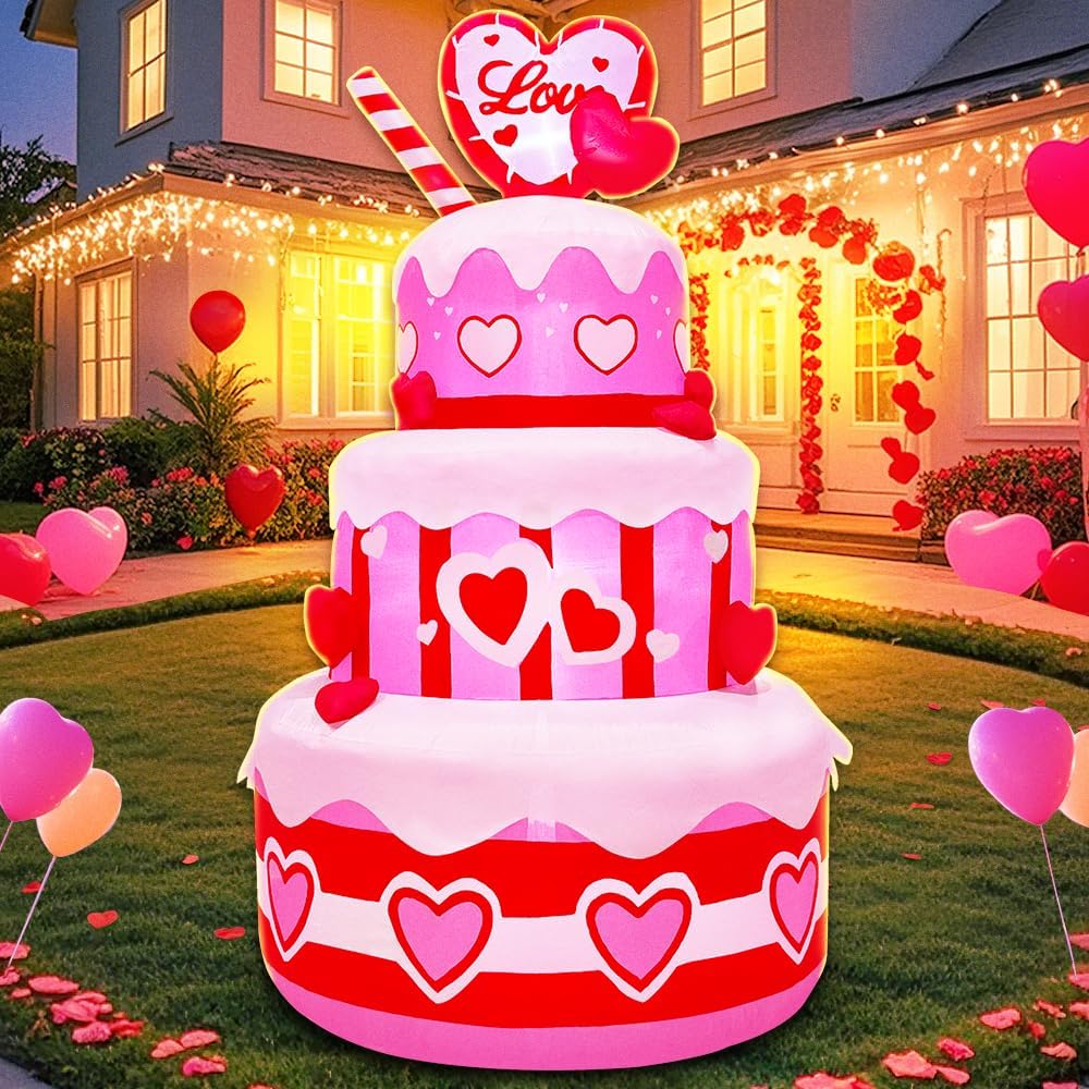 5FT Inflatable Birthday Cake with LED Lights for Parties