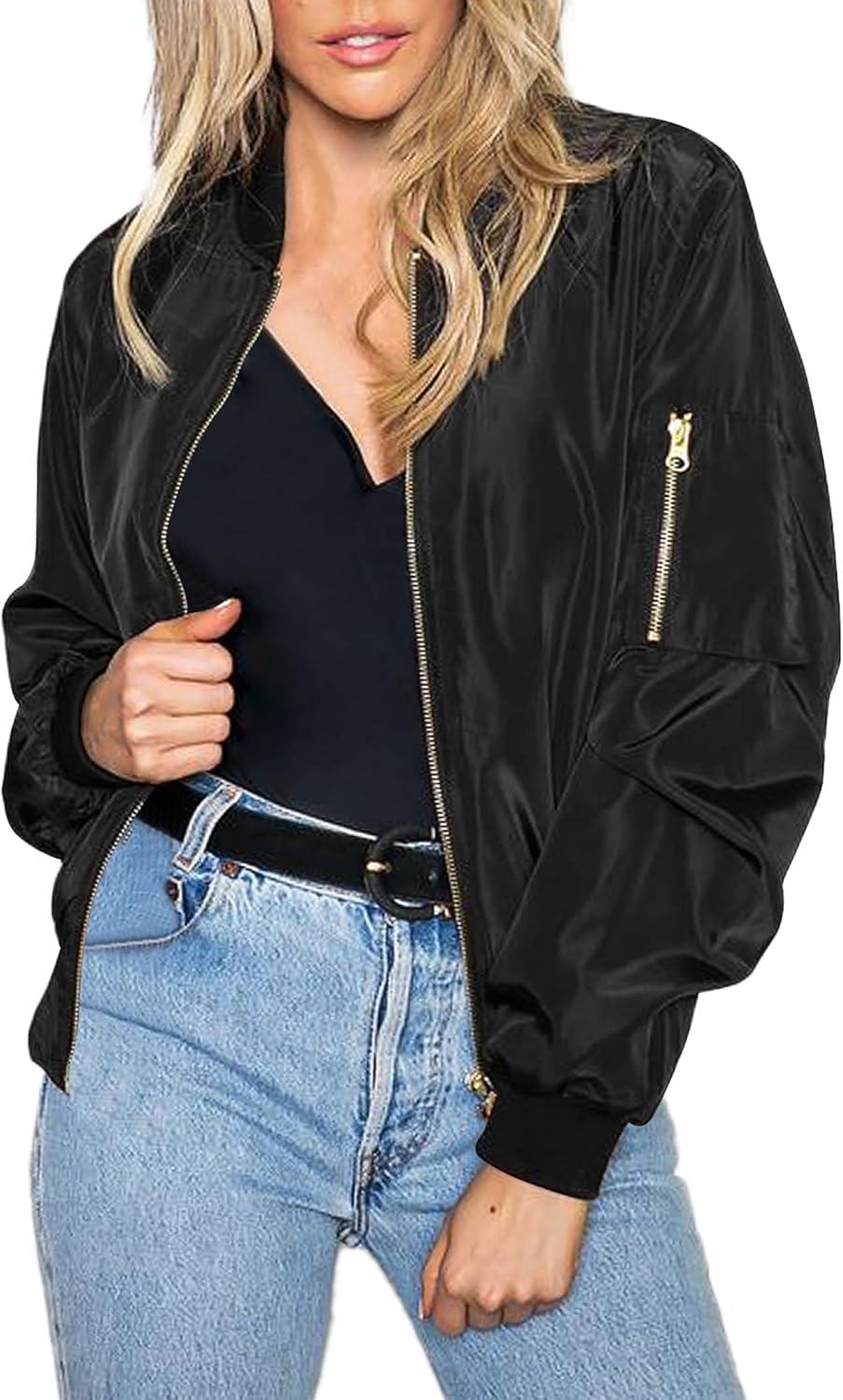 Stylish Women's Bomber Jacket Casual Coat with Pockets