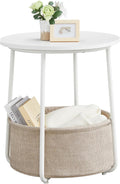 Small Round Side End Table with Fabric Basket - Modern Nightstand