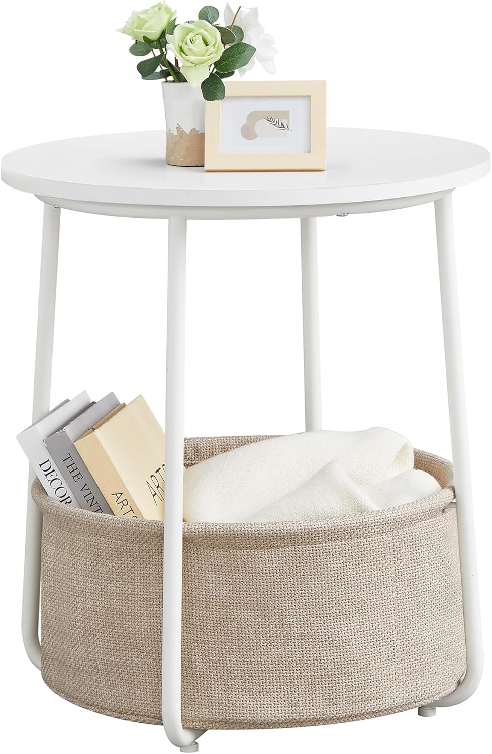 Modern Small Round Side End Table with Fabric Basket Storage