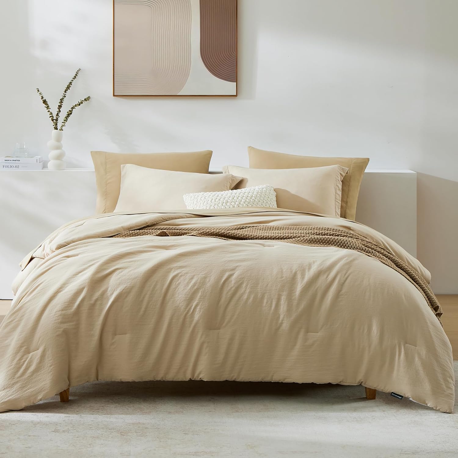 Oversized Queen Comforter Set - 7 Pieces Beige Bed in a Bag