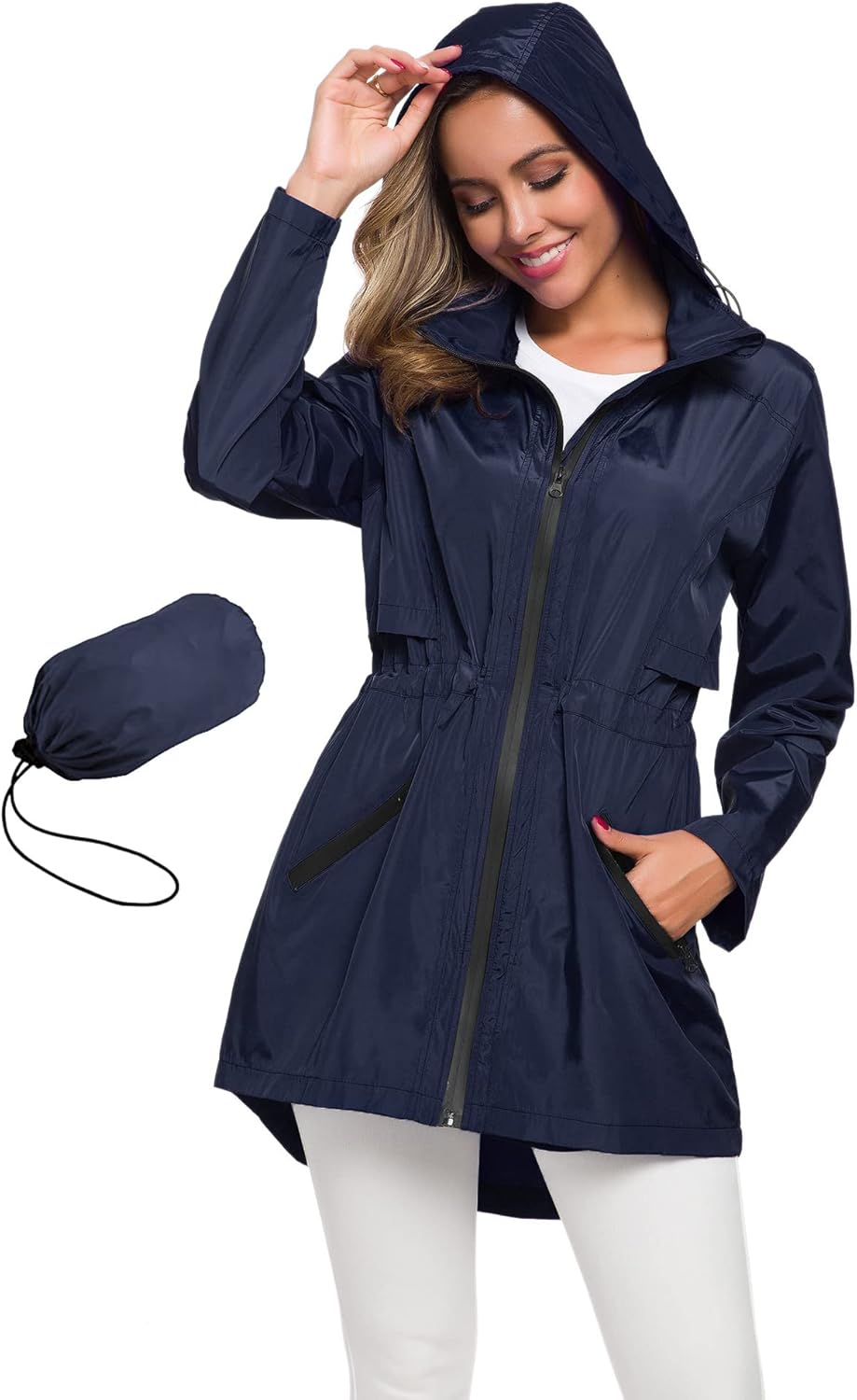 Women's Long Lightweight Raincoat with Hood - Waterproof Windbreaker