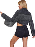 Womens Crop Denim Jacket with Fringe Tassel - Casual Crop Jean Coat