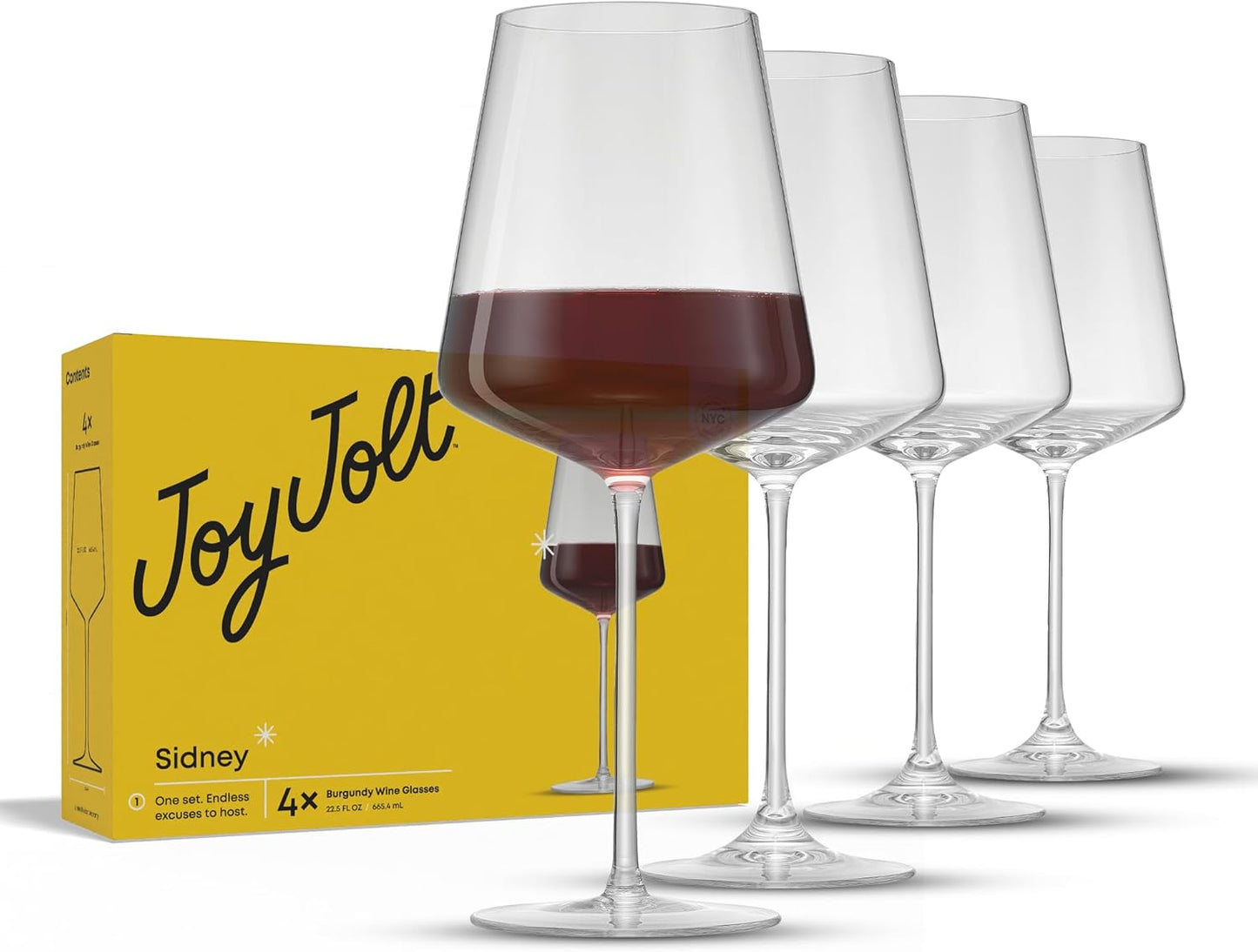 JoyJolt Sidney Burgundy Wine Glasses Set of 4 for Modern Hosting