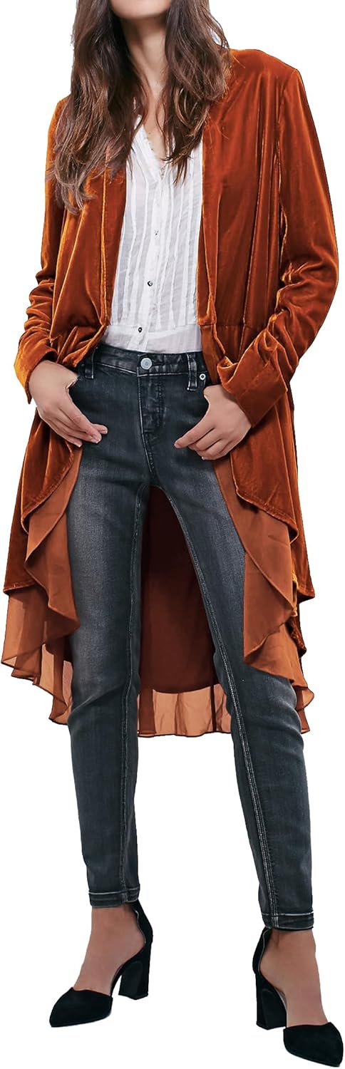R.Vivimos Womens Ruffled Asymmetric Long Velvet Blazers Coat