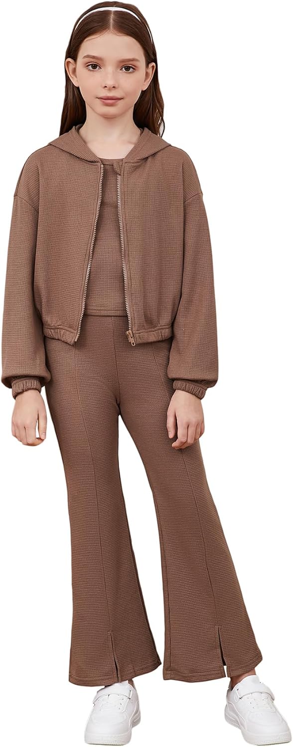 Floerns Girls Long Sleeve Hoodie Tank Split Flare Pants Set