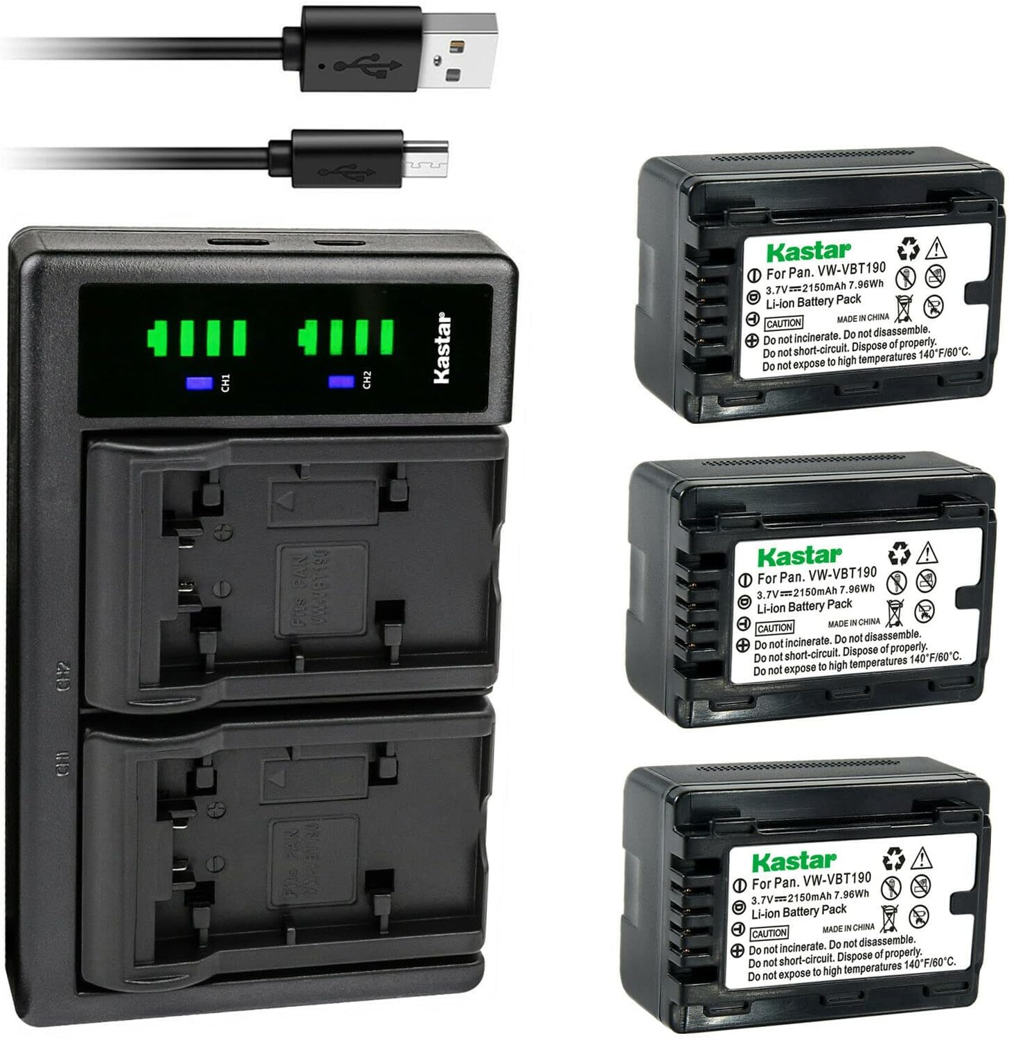 Kastar 3-Pack VW-VBT190 Battery and USB Charger for Panasonic