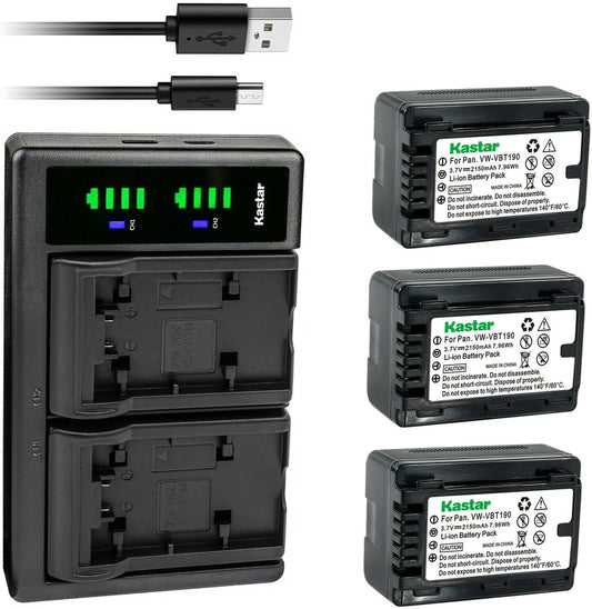Kastar 3-Pack VW-VBT190 Battery and USB Charger for Panasonic