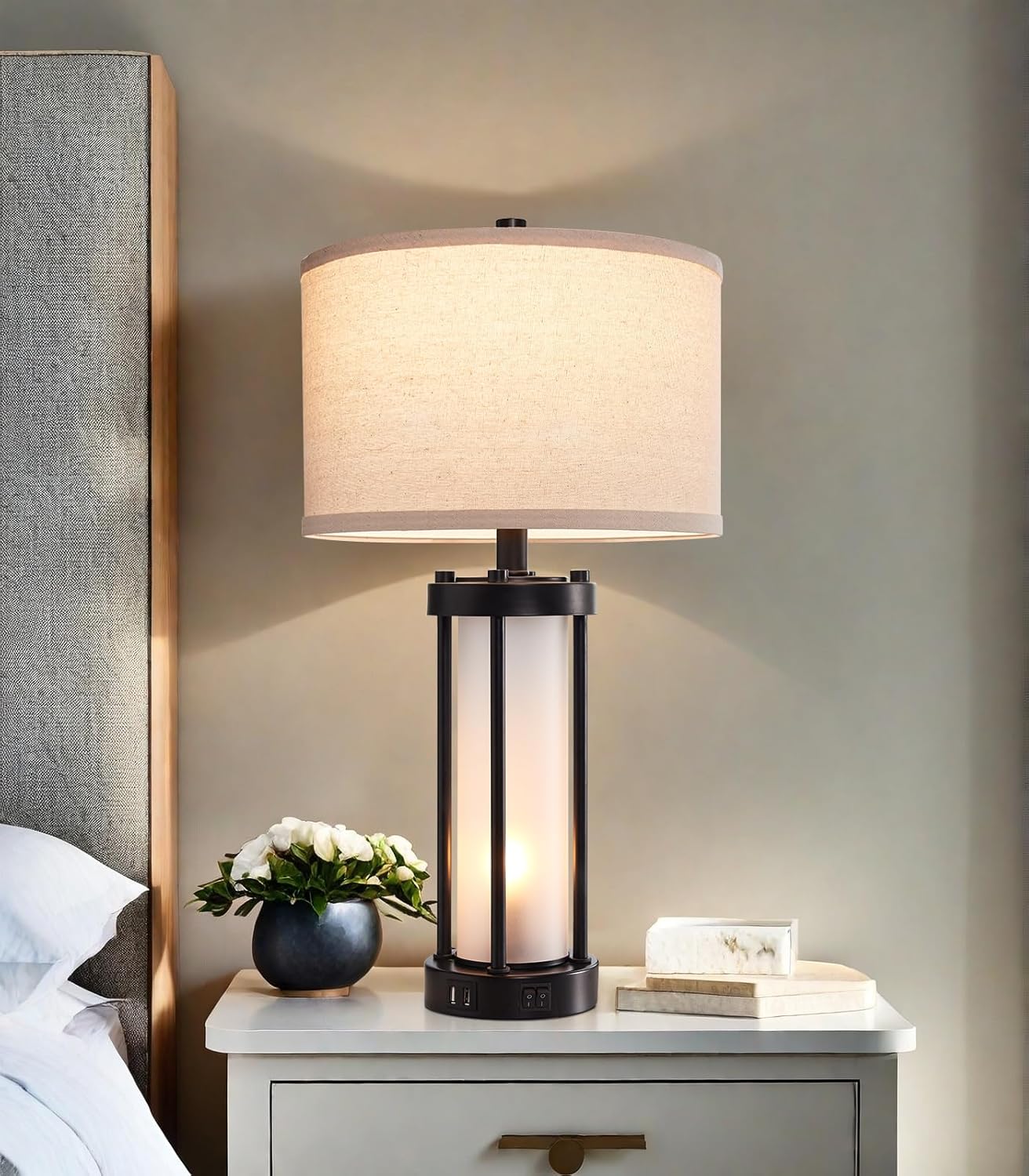 Modern Table Lamps for Living Room with USB Ports and Bulbs