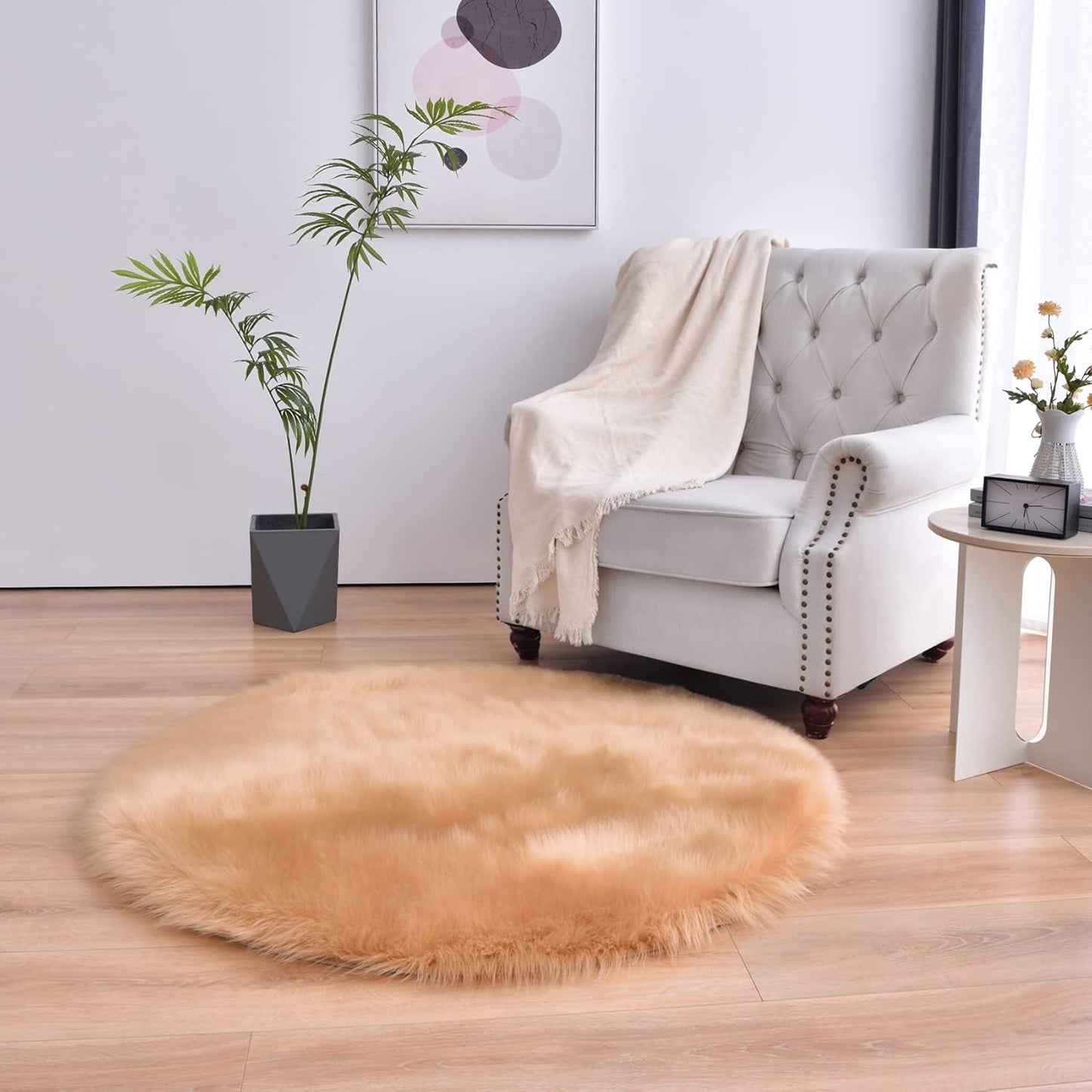 Beige Faux Sheepskin Round Rug 4x4 ft for Cozy Home Decor