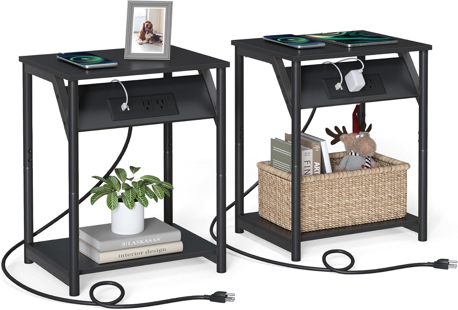 VASAGLE End Table with Charging Station Set of 2 for Living Room