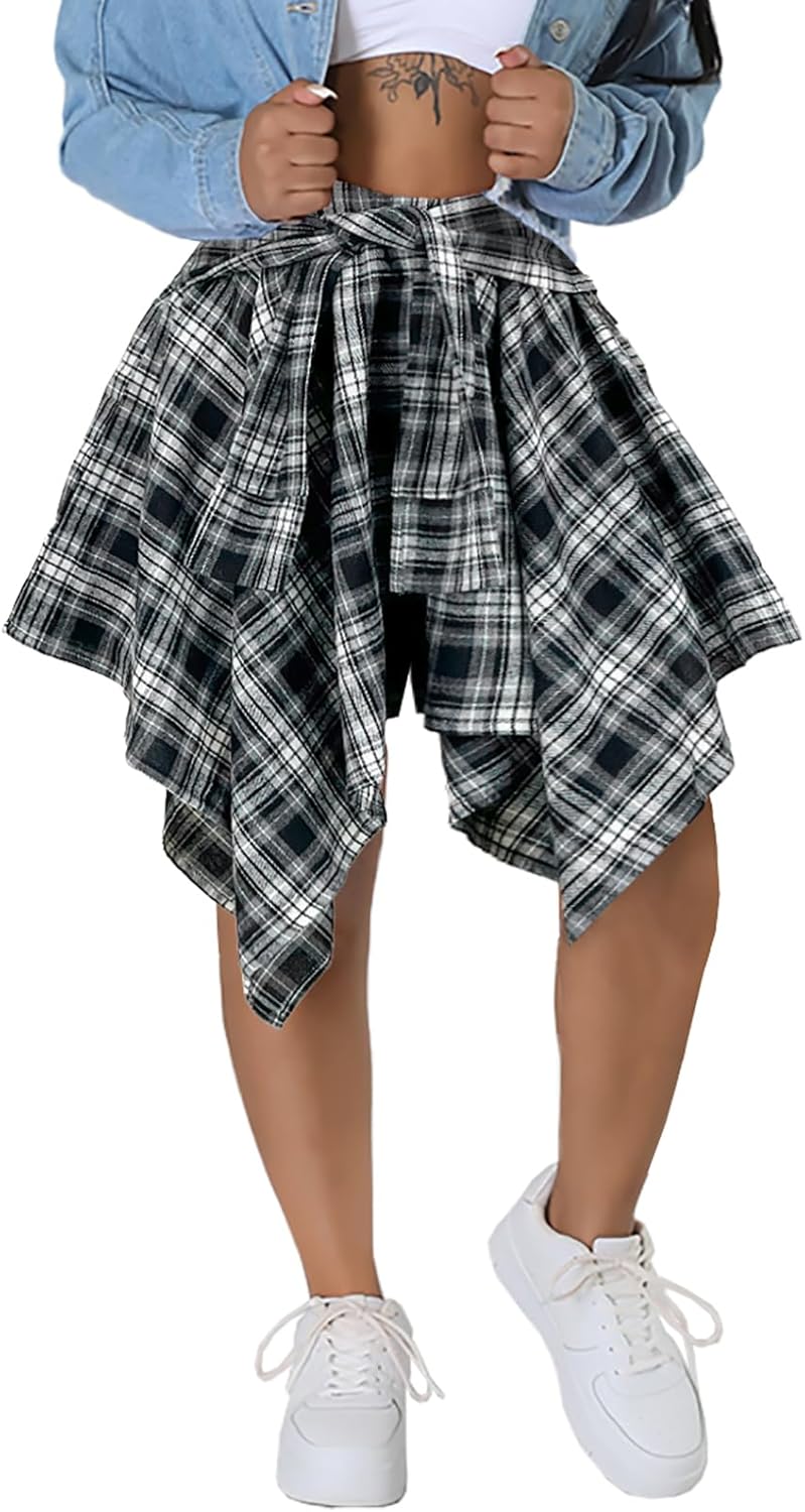 Women's Plaid Skirts High Waisted Knot Front Mini Skater Skirt