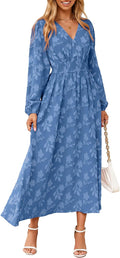 Simplee Womens Boho Floral Long Sleeve Maxi Dress V Neck Empire Waist