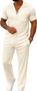 UOUA Mens Summer 2 Piece Set Casual Outfits - Lightweight Striped