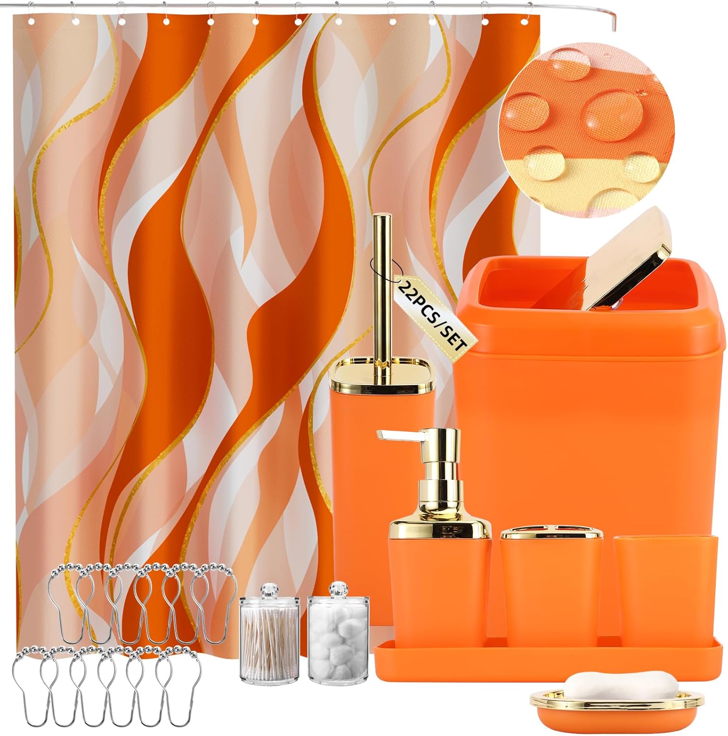 Orange Bathroom Accessories Set with Stripe Shower Curtain