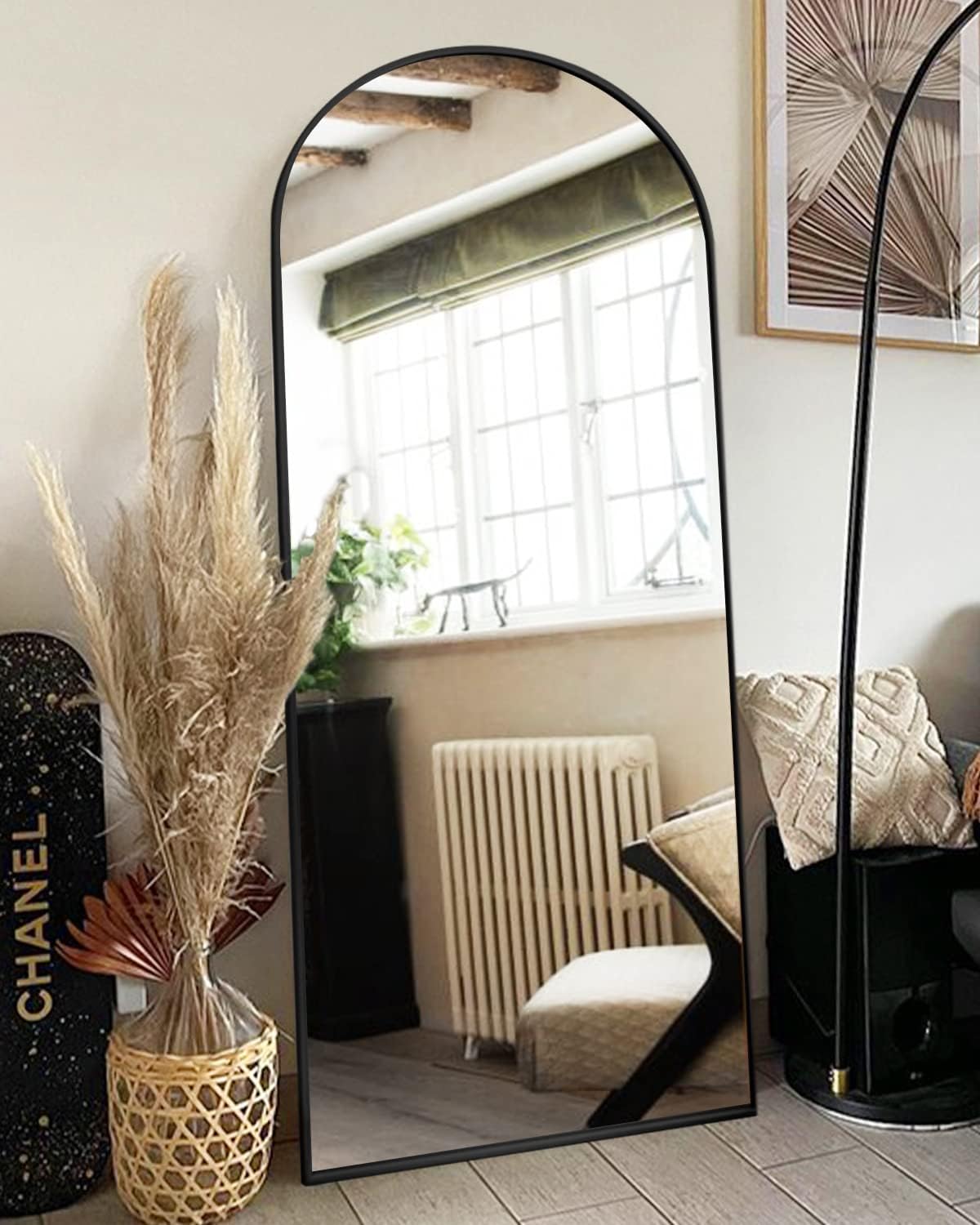 Full Length Mirror with Stand, Oversized Arched Design Black
