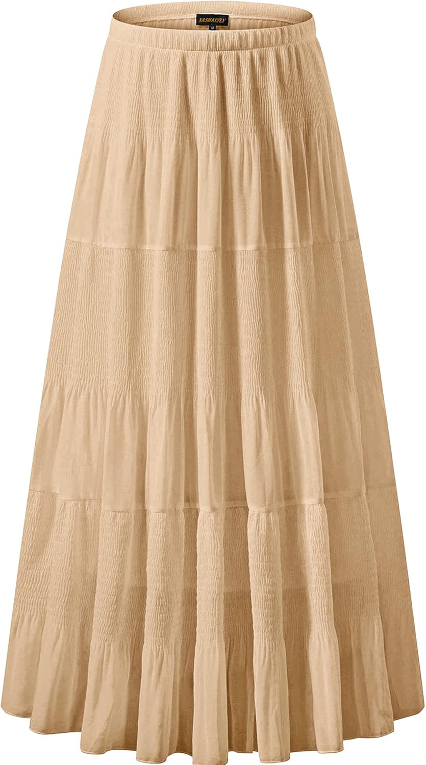 Chiffon Elastic High Waist Pleated A-Line Maxi Skirt for Women