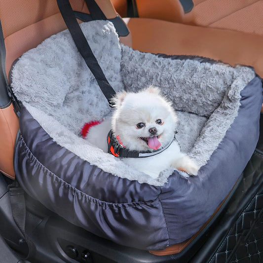 Washable Dog Car Seat with Safety Leash - Comfy Travel Bed for Small Dogs, Grey