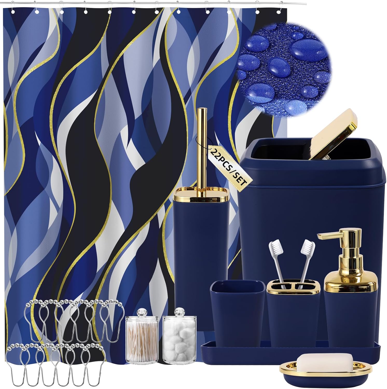 Blue Bathroom Set with Stripe Shower Curtain and Accessories