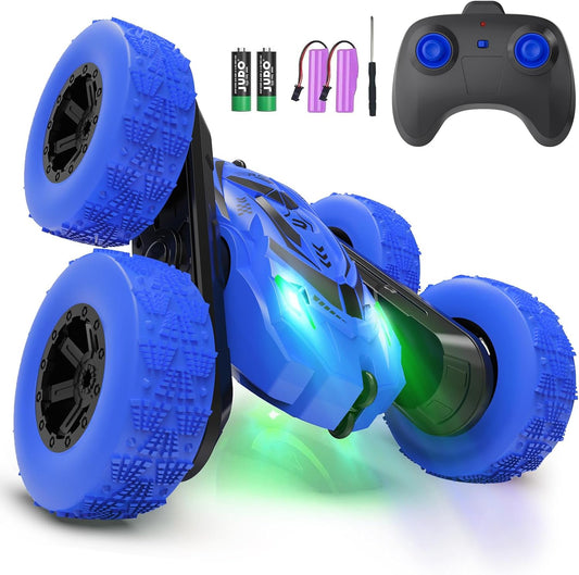 360 Flips RC Stunt Car: Headlights, Double-Sided, Ages 4+ Blue