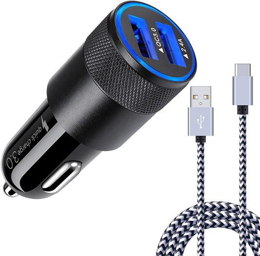 Fast 5.4A Car Charger for Samsung Galaxy, 6ft Cable, Quick USB, FiveBox
