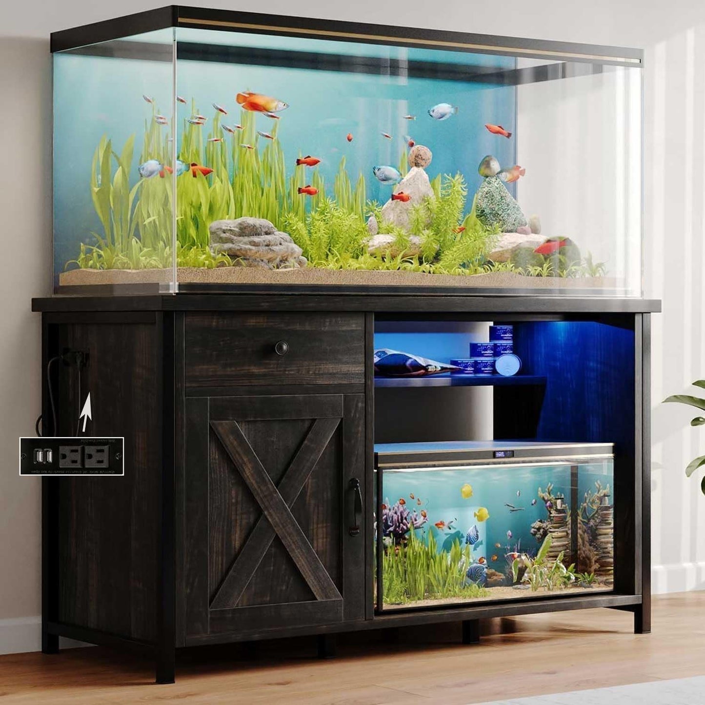 55-75 Gallon Fish Tank Stand with Power Outlets and LED Light