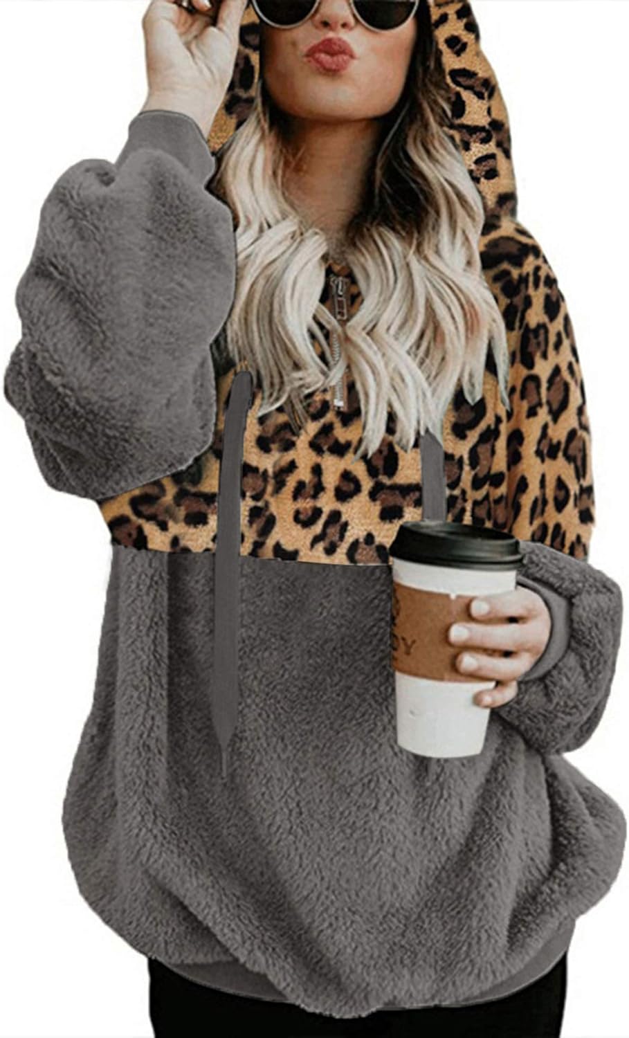 Women Casual Double Fuzzy Sweatshirt Cozy Zip Pullover Hoodie