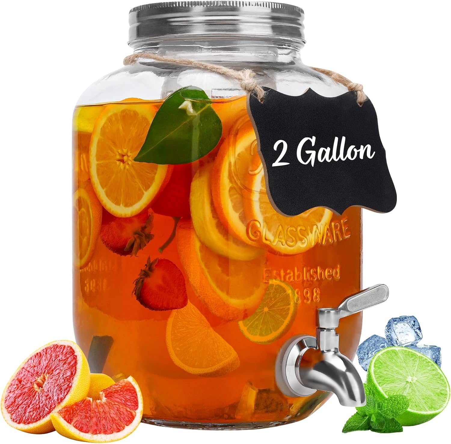 2 Gallon Glass Beverage Dispenser with Stainless Steel Spigot